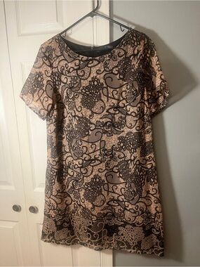 Nude and Black Lace-Print Shift Dress